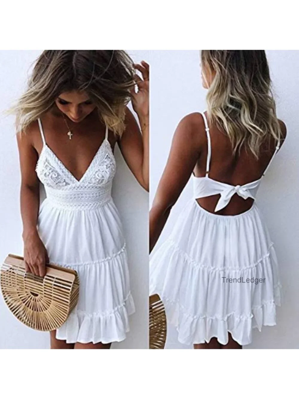 Women's V-Neck Spaghetti Strap Backless Lace Mini Swing Skater Dress